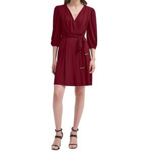DKNY Size 10 Burgundy Red Belted Lined 3/4 Puff Sleeve Dress Fit & Flare Surplus